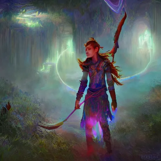 Image similar to landscape of Aloy in misty mysterious astral temple jumpin with pistol in river of chromatic SPIRITS , beautiful, dmt, trending on artstation, omnious, soft, artwork by Wong, Liam