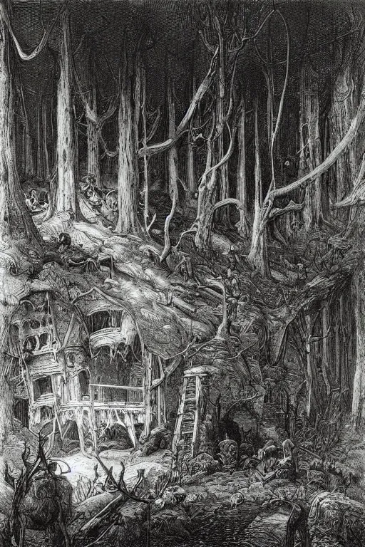 Prompt: a ramshackle multistory fairytale hut in the forest by Gustave Doré