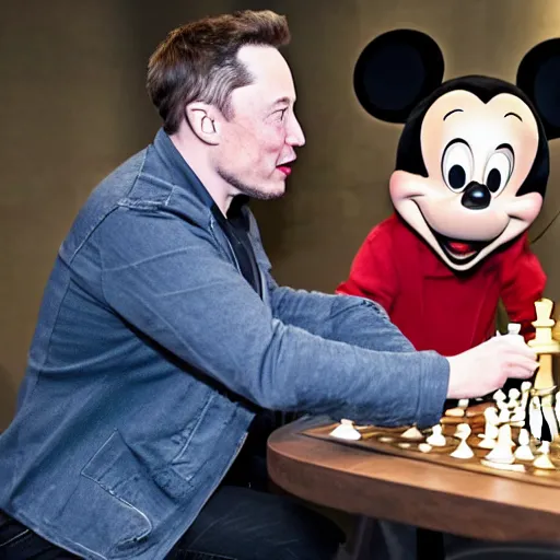 Image similar to elon musk playing chess with mickey mouse