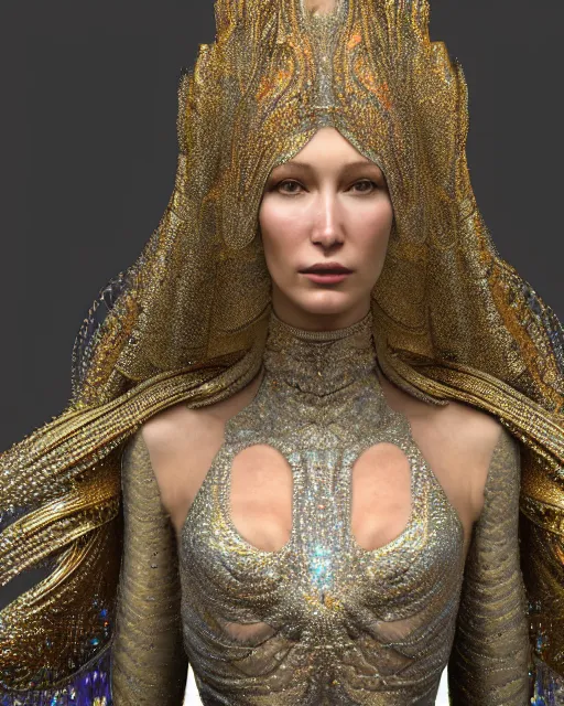 Image similar to a highly detailed metahuman 4 k close up render of an alien goddess bella hadid as goddess in iris van herpen dress schiaparelli in diamonds crystals swarovski and jewelry iridescent in style of alphonse mucha gustav klimt trending on artstation made in unreal engine 4