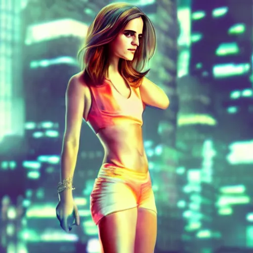 Image similar to Emma Watson full body shot, the background is a huge futuristic city, cyberpunk style futuristic neon lights, artstation cgsociety masterpiece highly-detailed