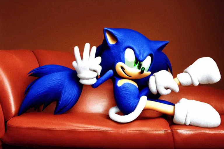 Image similar to sonic the hedgehog sitting on a leather couch, sultry photoshoot, shot by terry richardson