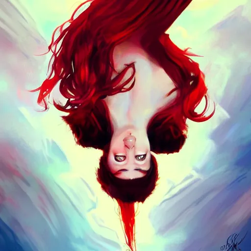 Prompt: a red haired goddess hanging upside down, intricate, elegant, highly detailed, digital painting, artstation, concept art, sharp focus, illustration, in the style of magic the gathering