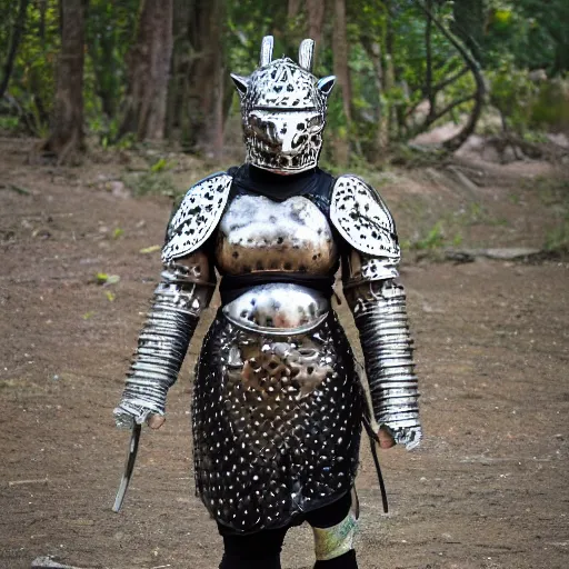 Prompt: photo of a female warrior wearing metal jaguar armour