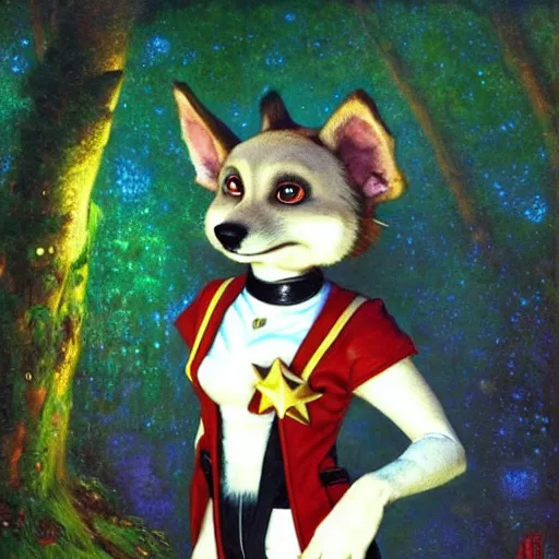 Image similar to a female dog dogwoman canine in starfleet uniform at night in a dark forest. zootopia fursona furaffinity furry art detailed face painting by gaston bussiere craig mullins jc leyendecker gustav klimt artgerm greg rutkowski furry