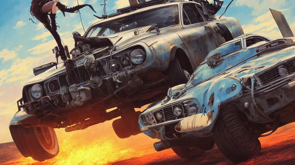 Image similar to anime illustration of mad max's fj 4 0 pursuit special, the last v 8 interceptor driving down to the gates of valhalla highway, riding fury road eternal shiny and chrome, world of fire and blood, by makoto shinkai, ilya kuvshinov, lois van baarle, rossdraws, basquiat, global illumination ray tracing hdr