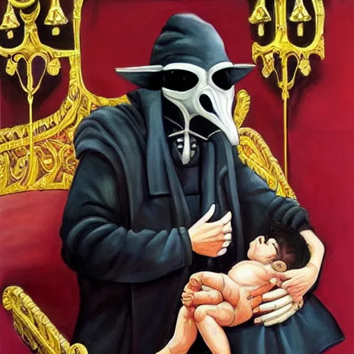 Image similar to hyper realistic painting of a handsome man symmetrical, sitting in a gilded throne, tubes coming out of the man's arm, getting a blood transfusion from a baby. plague doctor in the background created by mike allred