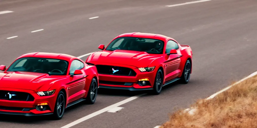 Prompt: red ford mustang driving on a highway