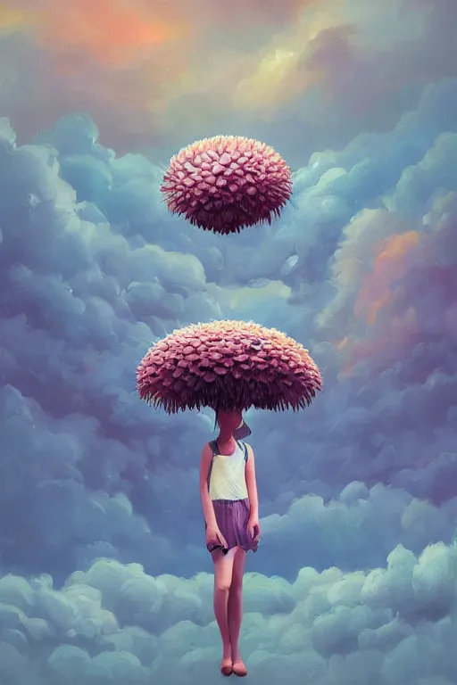 Prompt: closeup, giant daisy flower as head, girl between monsteras, surreal photography, wind and cold, dramatic sky, impressionist painting, digital painting, artstation, simon stalenhag
