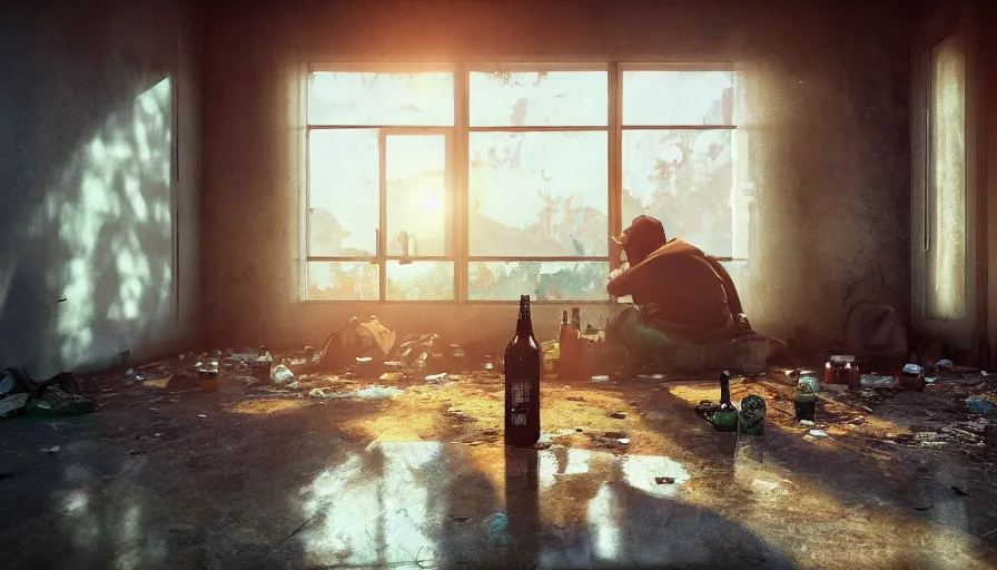 Image similar to homeless man drinking beers in an old abandoned motel, heat wave, sunlight through broken windows, curtains on the dusty floor, bottles, hyperdetailed, artstation, cgsociety, 8 k