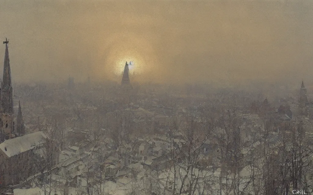Image similar to a painting of large airship over a city church in winter, pale sun, mist, oil on canvas, by carl larsson