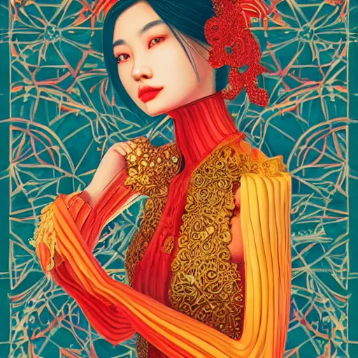 Image similar to the portrait of a beautiful and elegant young asian woman made up of peppers, an ultrafine detailed illustration by james jean, intricate linework, bright colors, final fantasy, behance contest winner, vanitas, angular, altermodern, unreal engine 5 highly rendered, global illumination, radiant light, detailed and intricate environment