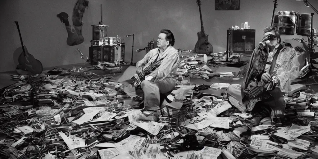 Image similar to Johnny Cash croons snake guitar amidst reels of tape, newspaper clippings and sheathes of wheat, still from the unreleased movie UNLESS YOU HATE BULL RUNS directed by Federico Fellini, hyperreal lifelike cinematography with purple and green atmospheric light and shadow, 35mm film, rendered in octane with snakeoil subsurface scattering