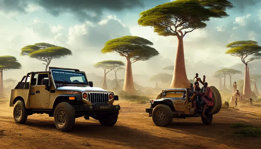 Image similar to mahindra thar driving through madagascar with baobabs trees, tribe members chasing for an attach, action scene, an epic fantasy, artgerm and greg rutkowski and alphonse mucha, an epic fantasy, volumetric light, detailed, establishing shot, an epic fantasy, cinematic, photorealistic, ultrarealistic, trending on art station, octane render, midsommar