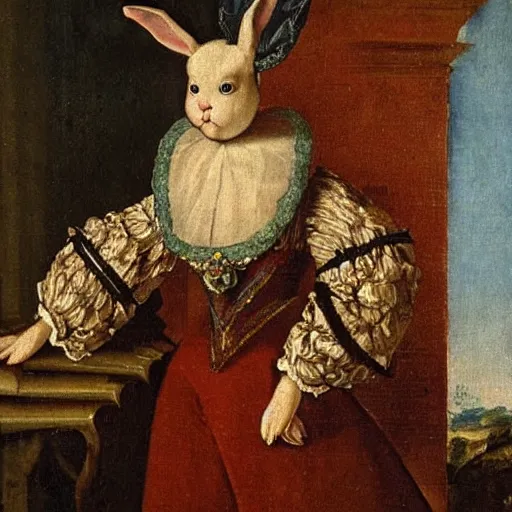 Prompt: a rabbit dressed as a queen, 17th century oil painting