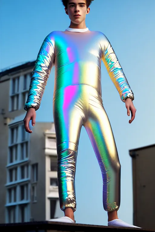 Image similar to un ultra high definition studio quality photographic art portrait of a young man standing on the rooftop of a british apartment building wearing soft baggy inflatable padded silver iridescent pearlescent clothing. three point light. extremely detailed. golden ratio, ray tracing, volumetric light, shallow depth of field. set dressed.