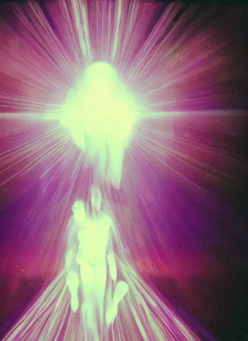 Prompt: a symmetrical female ascending astral projection, liquid glowing aura, motion blur, film grain, cinematic lighting, experimental film, shot on 1 6 mm