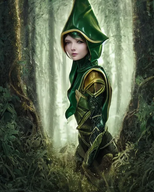 Image similar to a beautiful photo of a young woman, green elf ranger with long flowing hair and a green leather hood, elf ranger leather armor with olive green and brown colors and gold lining, young female face, realistic body proportions, inside deep in a magical forest, cinematic top lighting, insanely detailed and intricate, face by wlop, Charlie Bowater, designs by zhelong xu and gustave doré, golden ratio, symmetric, elegant, ornate, luxury, elite, matte painting, cinematic, trending on artstation, deviantart and cgsociety, 8k, high resolution