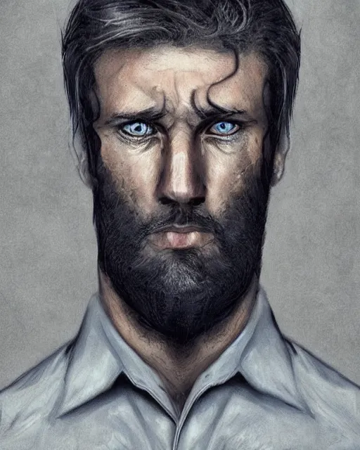 Image similar to portrait of muscular, tired and alcoholic 3 0 - year - old grieving man with short darkblonde hair, serious sad look in his eyes, looking down, dirty beard, blue eyes, crying tears, wearing dirty soldier uniform, on the desert, sad atmosphere, hyper realistic face, character art, art by artgerm, cryengine, trending on artstation, digital art