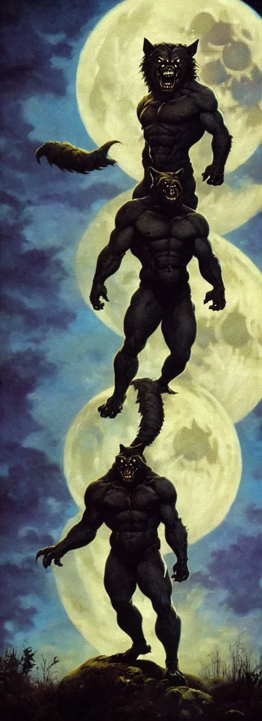 Prompt: by frazetta ,close up of very detailed realistic oversized werewolf , in front of the moon , full body backlight ,top light ,full body portrait ,highly textured oil painting ,jungle ,cyan graveyard with backlight from the moon ,foggy background ,with dramatic sky ,clouds and giant oversized moon and storm