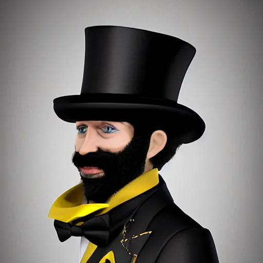 Image similar to a highly detailed portrait of a man in a high top hat covering his face, in a black tailcoat with a yellow waistcoat under the tailcoat, artstation, deviantart, professional, unreal engine 5, photorealistic