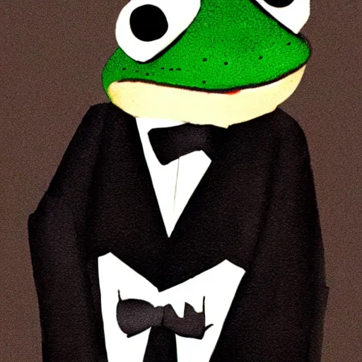 Prompt: frog wearing a black tie suit