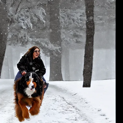 Image similar to girl riding giant Bernese Mountain Dog in the snow, trending on artstation