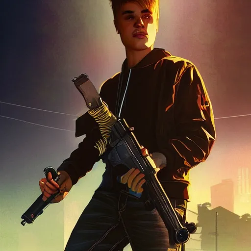 Image similar to Justin Bieber as a grand theft auto 5 loading screen, close shot, intricate, highly detailed, digital painting, artstation, concept art, sharp focus, illustration, art by greg rutkowski and alphonse mucha