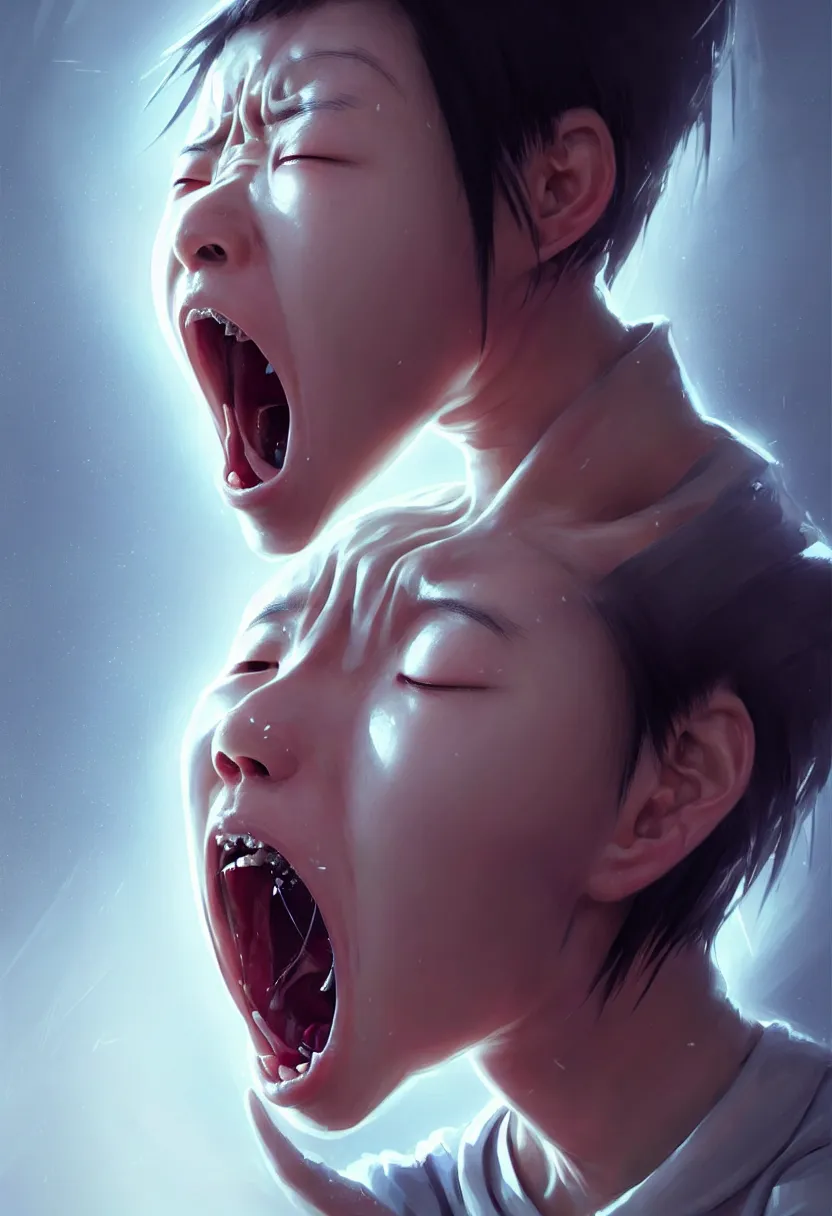 Prompt: beautiful render, waist up portrait of a futuristic cute japanese teenager screaming in anger and frustration, intricate, elegant, highly detailed, digital painting, artstation, concept art, smooth, sharp focus, octane render, dramatic lighting, symmetry, symmetrical face, ONE FACE, headshot, art by greg rutkowski and wlop