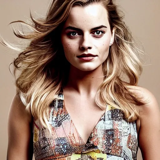 Image similar to a woman who is a genetic combination of margot robbie and emma watson face and upper - body focus, detailed eyes