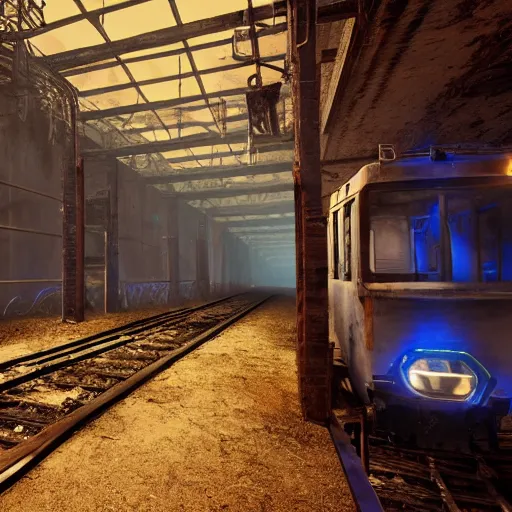 Prompt: an abandoned mine with rails and a trolley, the walls are lit with a dim blue light, cinematic, cyberpunk, 4k,