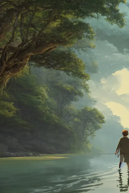 Prompt: a wholesome cottagecore illustration of a man walking on the backs of a river with his shadow flowing behind, studio Ghibli, Pixar and Disney animation, sharp, Rendered in Redshift and Unreal Engine 5 by Greg Rutkowski, Bloom, dramatic lighting