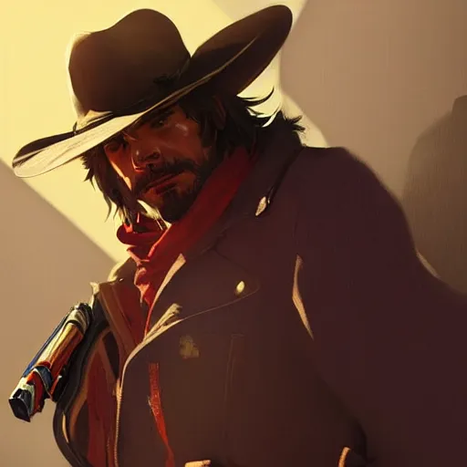 Image similar to mccree from overwatch, highly detailed, digital painting, artstation, concept art, sharp focus, illustration, art by greg rutkowski and alphonse mucha