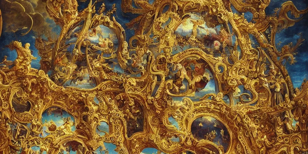 Prompt: beautiful!!! ornate heavenly!!! gold rococo megastructure in the style of heironymus bosch, colorful intricate masterpiece, hyper detailed, hd