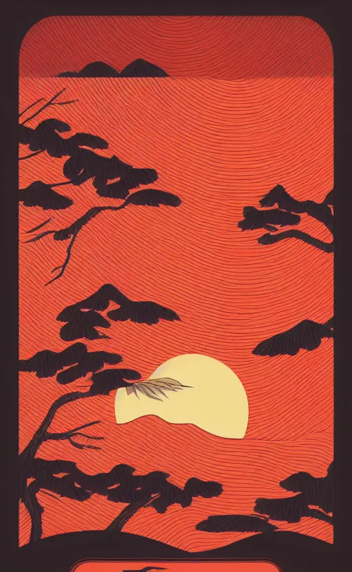 Image similar to hanafuda, a big red charm is floating above a forest of japanese pines, a big red sun in the background, original style, front game card, vector line art, trending on behance, concept art, stunning, matte