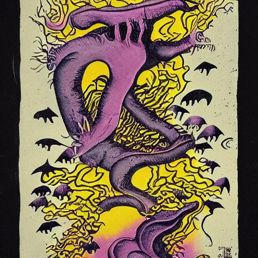 Prompt: uncanny monsters of the imagination in a surreal risograph alchemical manuscript