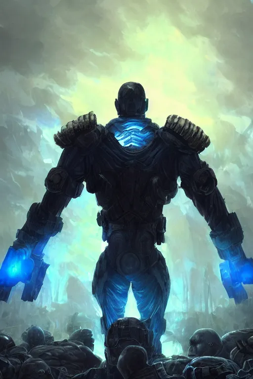 Image similar to a distant shot of a single super soldier with blue and yellow flag and standing alone on a huge pile of human skulls as a winner, masculine figure, D&D, fantasy, epic atmosphere, volumetric lights, beam of bright light through the clouds, intricate, elegant, highly detailed, extremely detailed, digital painting, artstation, concept art, matte, smooth, sharp focus, hyper realistic, illustration, art by Artgerm and Greg Rutkowski and Alphonse Mucha