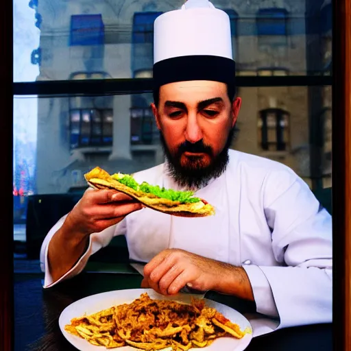 Prompt: Sultan Süleyman eating shawarma in Downtown DC, hyperrealism, HDR Shot, 16k