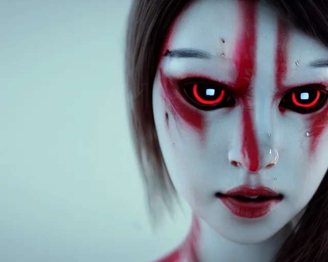 Prompt: a film still of a synthetic female human oracle wrapped in white cloth, beautiful, red eyes, tribal facepaint, neotokyo, cinematic lighting, high resolution, 4 k