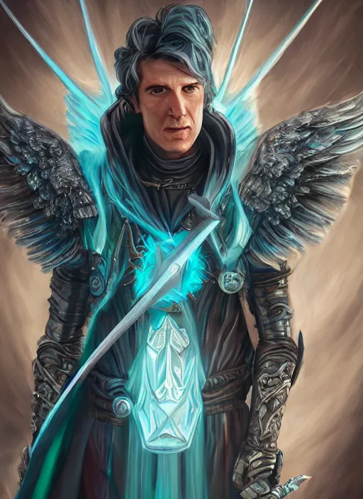 Image similar to An epic fantastic realism comic book style portrait painting of a male hexblade warlock aasimar, beautiful angel wings, teal energy surrounding body, silver hair, middle aged, Apex Legends Concept Art, unreal 5, DAZ, hyperrealistic, octane render, cosplay, RPG portrait, dynamic lighting