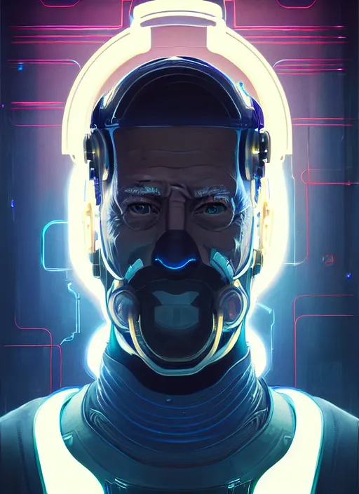 Image similar to symmetry portrait of cyberpunk joe biden, sci - fi, tech wear, glowing lights intricate, elegant, highly detailed, digital painting, artstation, concept art, smooth, sharp focus, illustration, art by artgerm and greg rutkowski and alphonse mucha