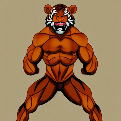 Image similar to A standing tiger showing off his muscles, featured on DeviantArt, FurAffinity