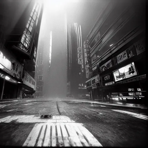 Prompt: go pro camera photo of a cyberpunk dystopian city with sunshaft and dramatic lighting, Fuji Neopan Acros 100 Film