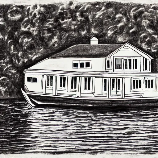 Image similar to a big house on a small boat , intricate sketch