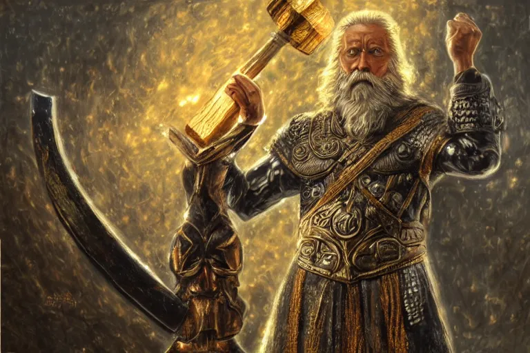 Prompt: odin all father supreme God of thunder and smithing and artificial intelligence creating an artificial neural network with gold synapses on an anvil with his mighty hammer, high resolution, award winning art, trending on art station, sharp image, incredibly detailed, detailed character, realistic painting, hyperrealistic painting