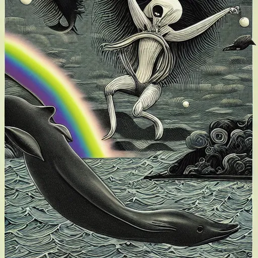 Image similar to a hyper realistic painting of the grim reaper riding a dolphin that is jumping over a rainbow, by joe fenton,