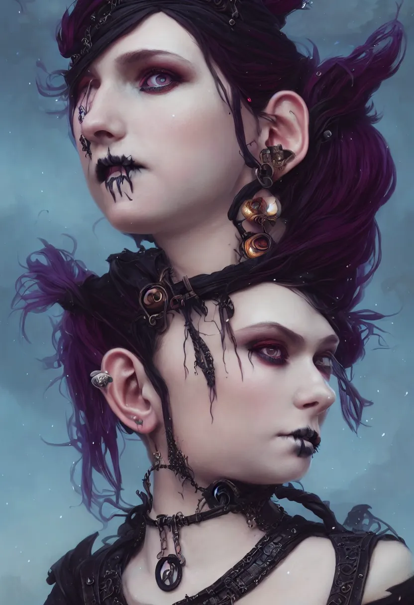 Prompt: beautiful extreme closeup portrait, goth girl, piercings collar, mohawk hairstyle, medieval dress. witch, makeup. unreal engine, greg rutkowski, loish, rhads, beeple, tom bagshaw, alphonse mucha, global illumination, detailed and intricate environment