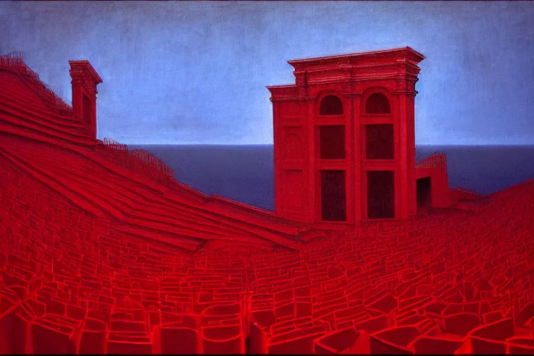 Image similar to only with red, a red great emperor, taormina amphitheatre, expressive crowd hails him, in the style of beksinski, parts by edward hopper, parts by rodcenko, parts by yue minjun, intricate and epic composition, red by caravaggio, insanely quality, highly detailed, masterpiece, red light, artstation, 4 k