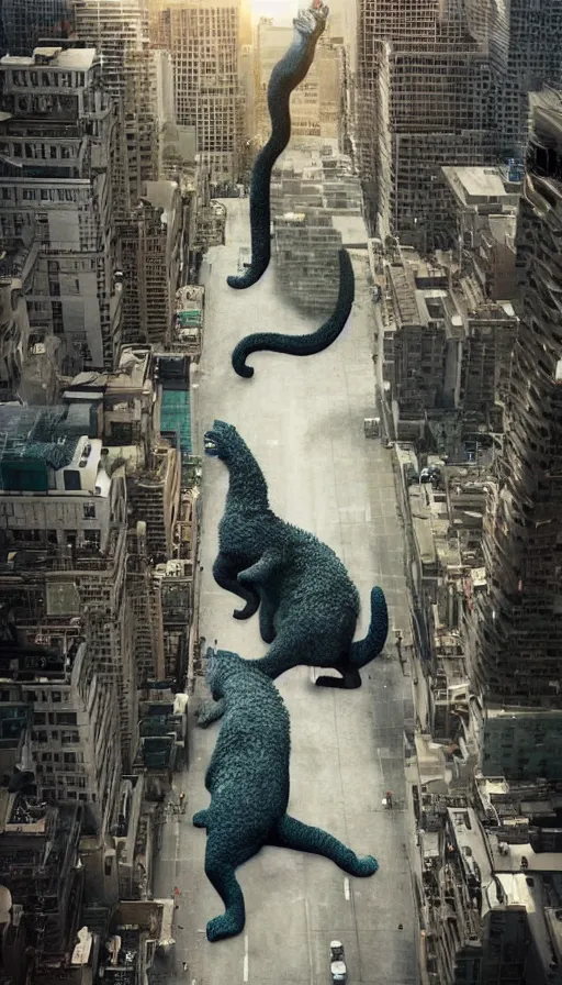 Image similar to hundreds of people running away from the giant catzilla. trending on artstation. realistic cinematography, photorealistic, photography, wide shot