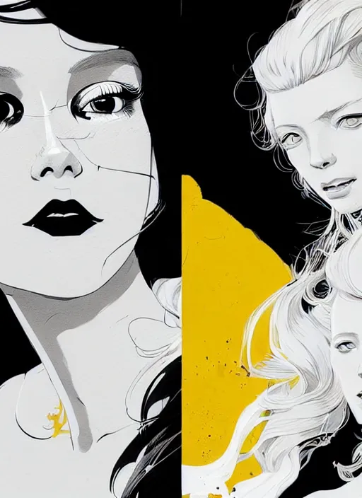 Image similar to highly detailed closeup portrait of beautiful portia doubleday, blonde wavy hair, angela moss, white suit by atey ghailan, by greg rutkowski, by greg tocchini, by james gilleard, by joe fenton, by kaethe butcher, gradient yellow, black and white color scheme, grunge aesthetic!!! ( ( graffiti tag wall background ) )